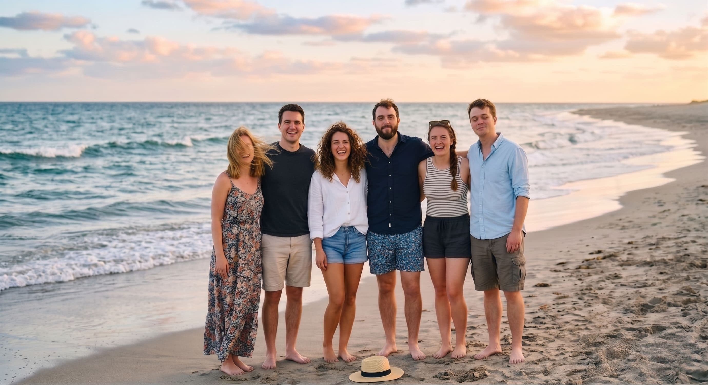 Group photo on a beach where one person blinked and another wasn't smiling