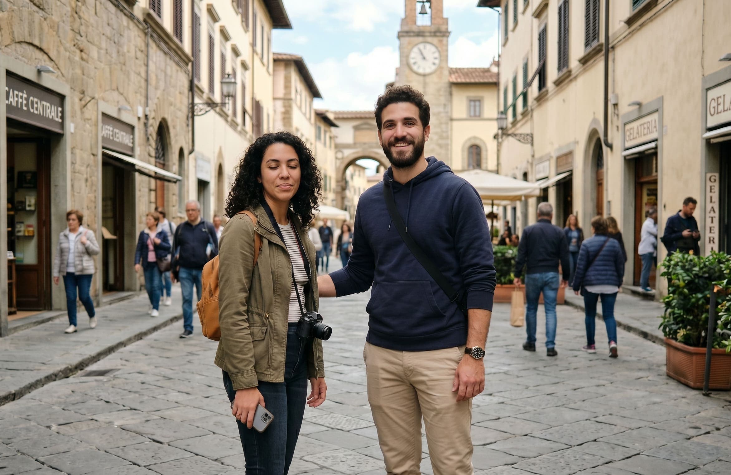 Take 1: couple on a cobblestone street, woman has eyes closed