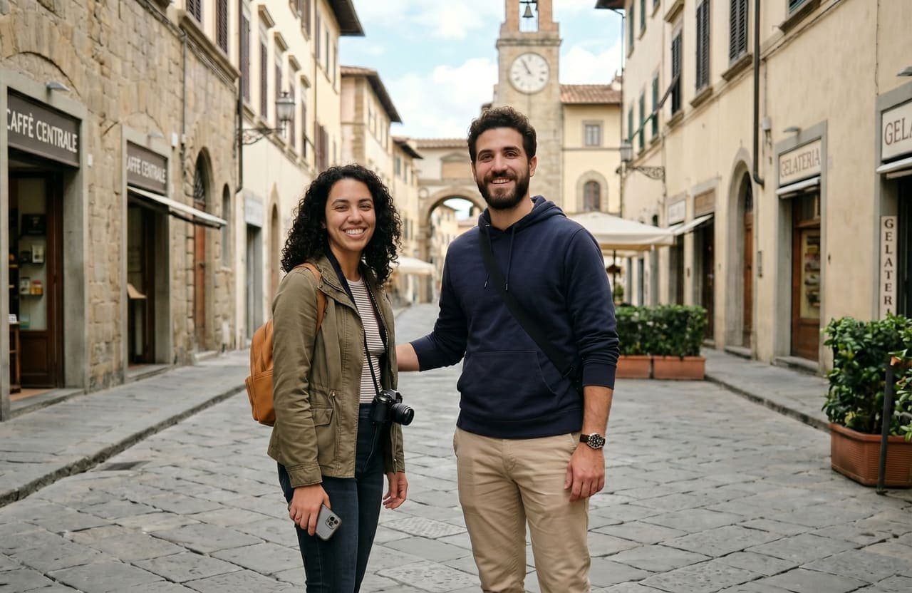 MergeShot result: couple smiling at the camera with the busy street emptied of background tourists